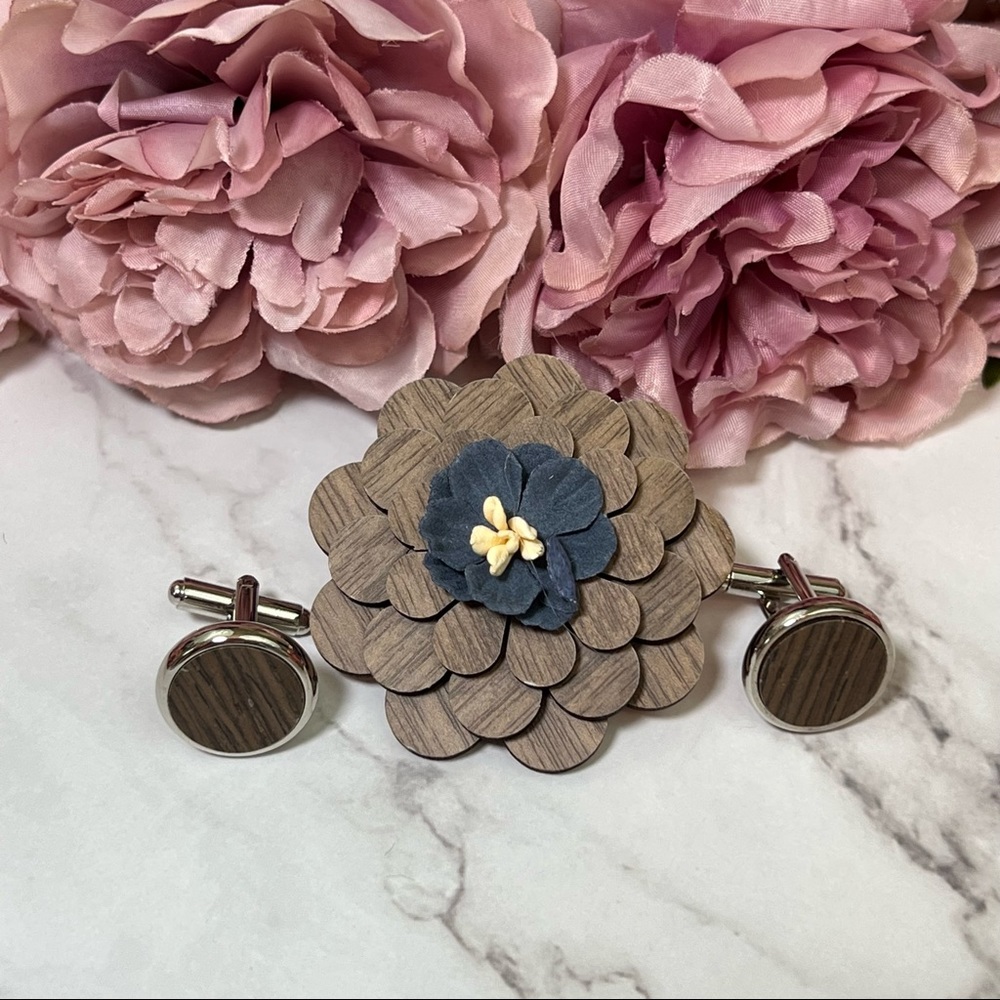 Handmade Wood Butterfly Bow Tie Cufflinks Blue Pocket Square & Boutonnière Set - Picture 10 of 16